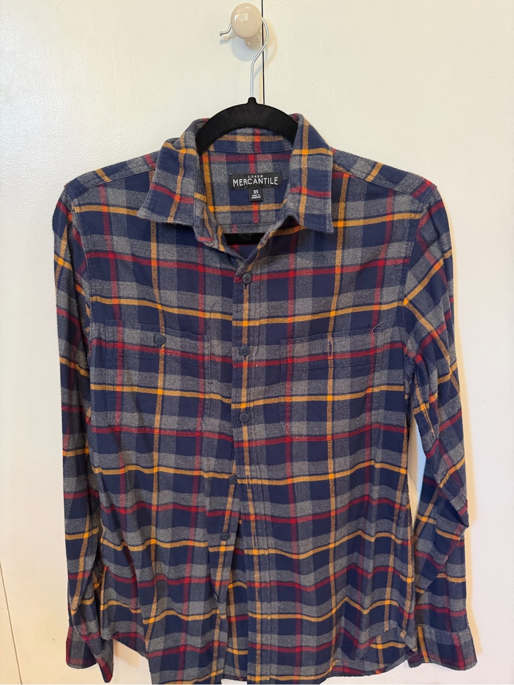 J. Crew Mercantile Navy Plaid Button-Down Shirt with Red & Yellow Accents